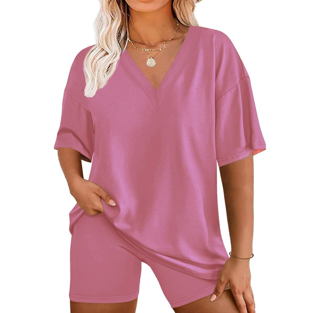 Women's Loose Fashion Solid Color Split V-Neck Short Sleeve Top Shorts Two Piece Set