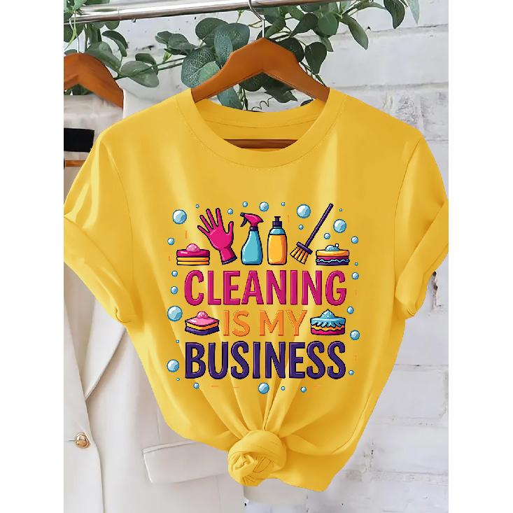 CLEANING IS MY BUSINESS Colorful slogan print for women T Shirt | American-style fun domestic-themed casual crew neck short-sleeve shirt | Retro