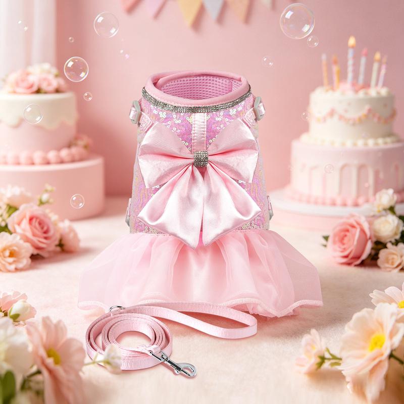 Bowknot Dog Harness Leash Set Shining Cat Puppy Birthday Dresses Pet Wedding Vest Harnesses With Lead For Small Medium Dogs Pink
