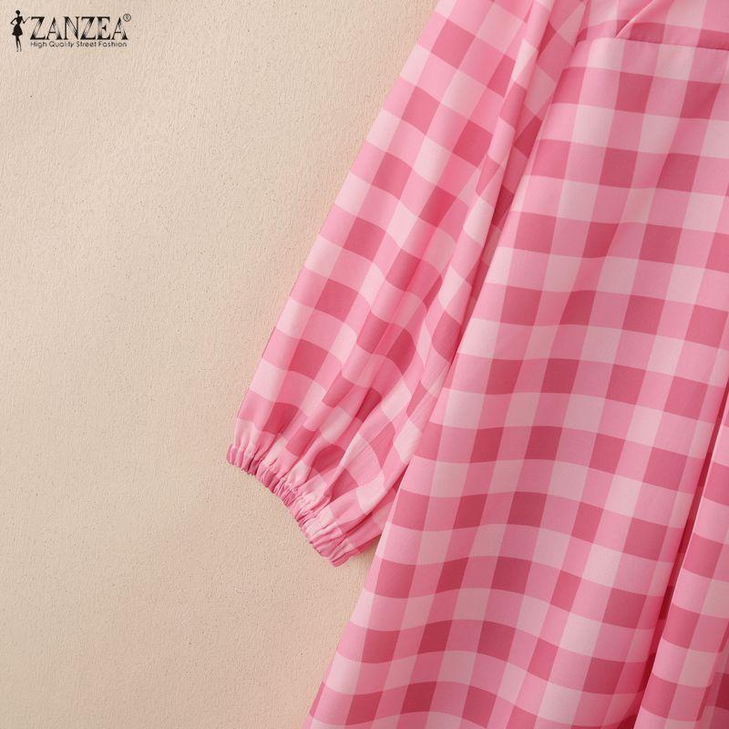 ZANZEA Women Casual Stand Collar 3/4 Sleeve Grid Print A-line Dress