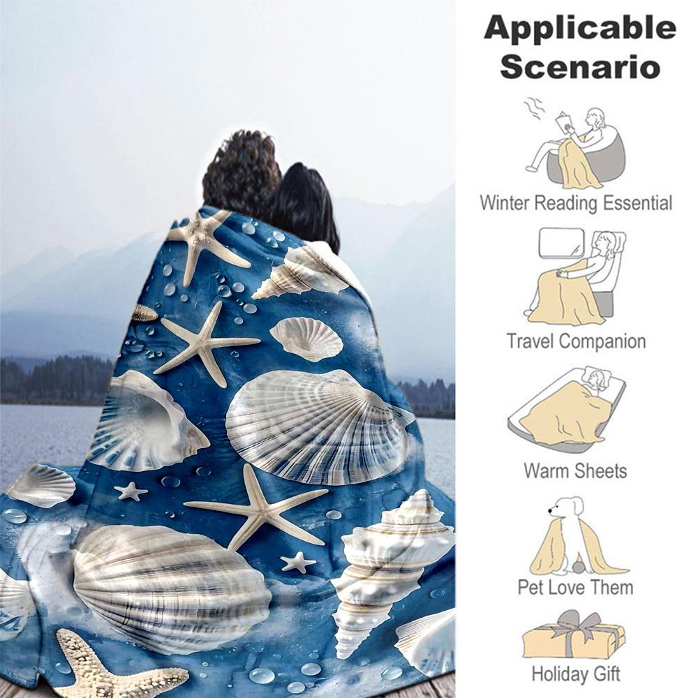 1PC shell starfishOutdoor Flannel Blanket - Soft Plush Decor for Picnics, camping, Bedroom,All-Season Cozy Gift for Christmas, Lightweight 1343A