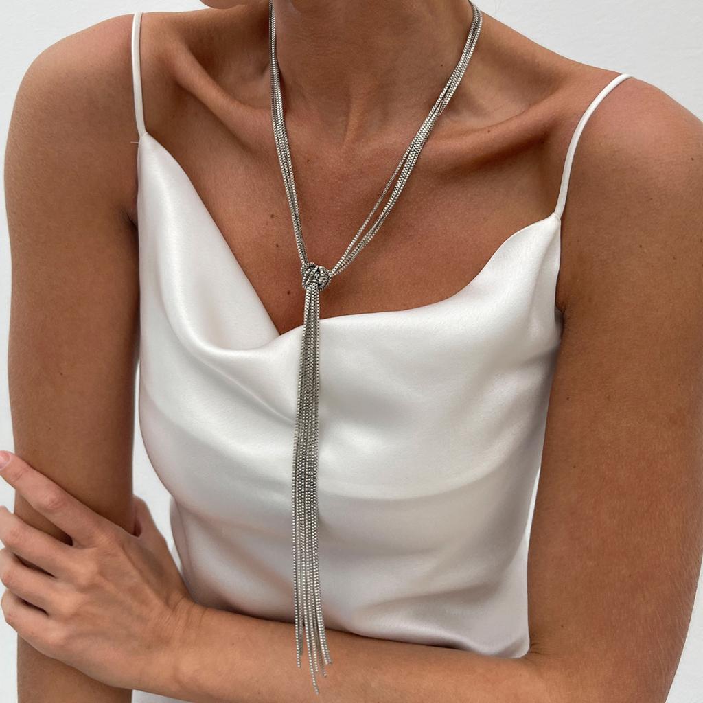 Fashion Style Metal Chain Knotted Fringed Necklace, Personalized Long Ccb Round Bead Necklace For Women