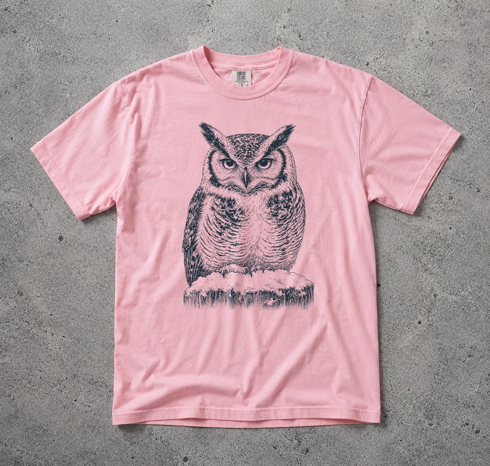 Comfort Colors Horned Owl T-Shirt, Retro Bird Illustration Graphic Tee S