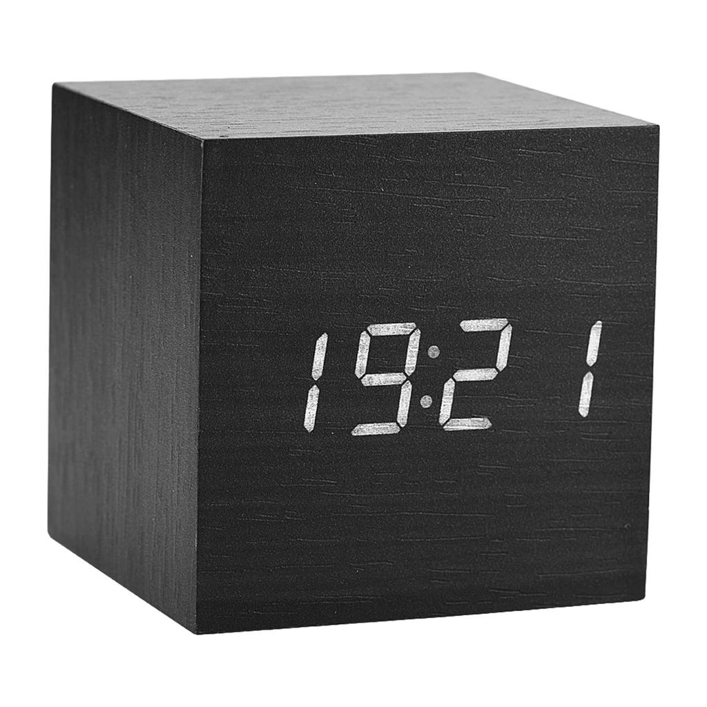 Wooden Digital Alarm Clock with Temperature LED Display and Voice Control for Home and Office (Black Wood + White Light)