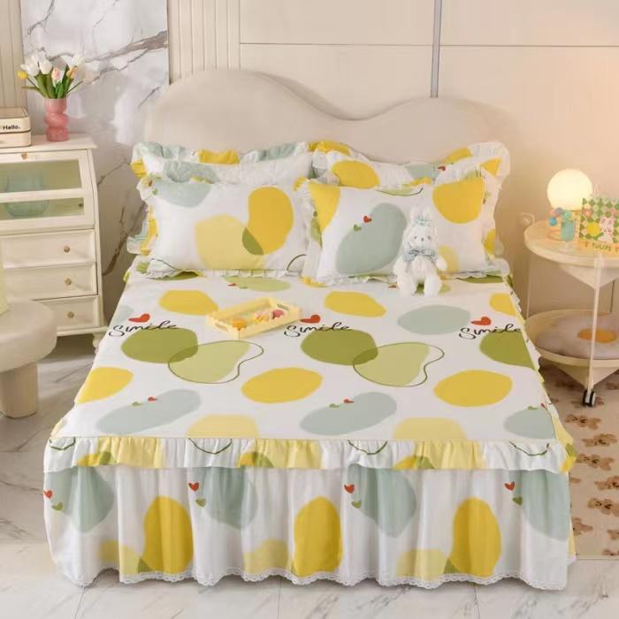 3pcs Sheet Set High Grade 100% Cotton Printed Bedspread King Queen Size Cute Pure Cotton Thick Bed Skirt with 2pcs Pillowcase