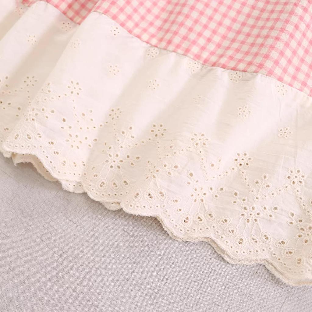 Sweet Mori Girl Plaid Embroidered Lace Sleeveless Vest Dress with Front and Back Ties