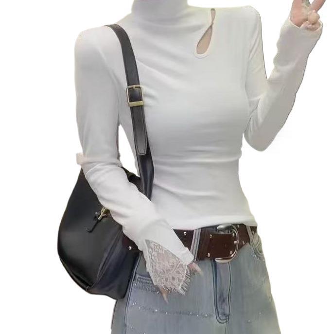 Korean Semi-High Neck Lace Long Sleeve Women's Top - 2025 Autumn/Winter Slimming Brushed Design