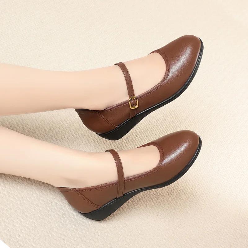 3.5cm Fashion Breathable Shallow Mouth Soft Leather Platform Wedges Shoes Women Fall 2025 Flat Heels Mary Janes for Office Mom