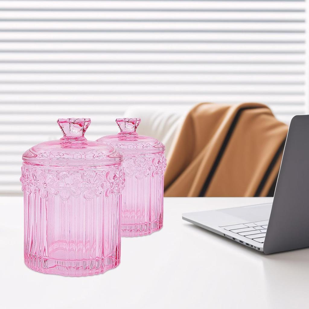 2 Pack Glass Qtip Holder Canisters with Lids , Crystal Clear Apothecary Jars for Cotton Balls, Swabs, Floss, Candy & Makeup Pads , Bathroom Vanity