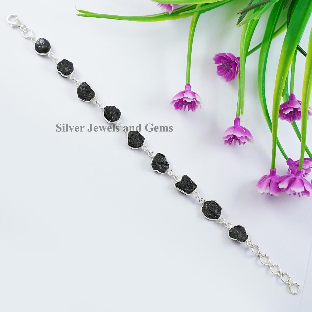 Raw Black Tourmaline Bracelet, 925 Sterling Silver Bezel Bracelet, Handmade