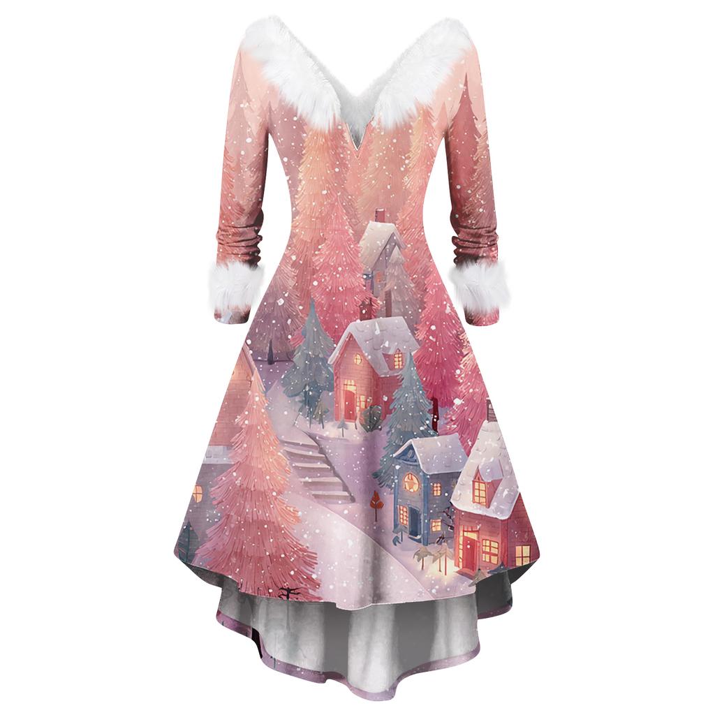Damen Modisches Lässiges Figurbetontes Weihnachtsdruck Party Langarmkleid