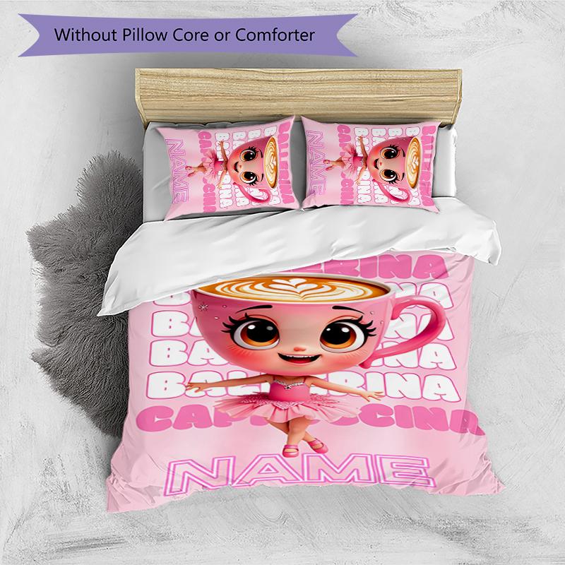 3pcs Custom Name Ballerina Capuchina Bedding Set Duvet Cover Closure Includes 1 Duvet Cover & 2 Pillowcases for All Seasons Bedroom Decor