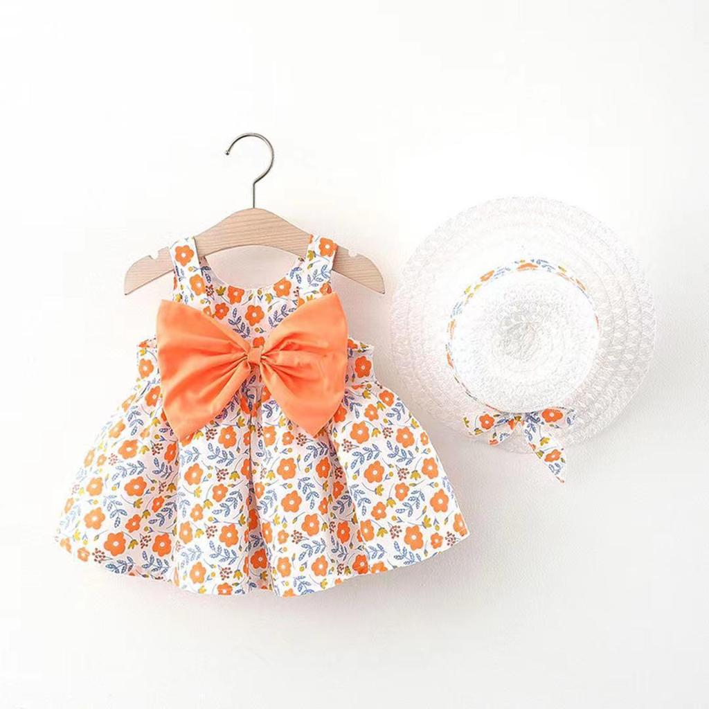A749 Summer Baby Girl Princess Dress with Big Bow & Flower Skirt, Includes Hat, for Ages 1-4