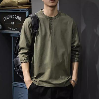 Autumn Simple Solid Color Long-Sleeved T-Shirt Men'S Retro Henry Collar Sweater Loose Heavy Cotton Bottoming Shirt Tide