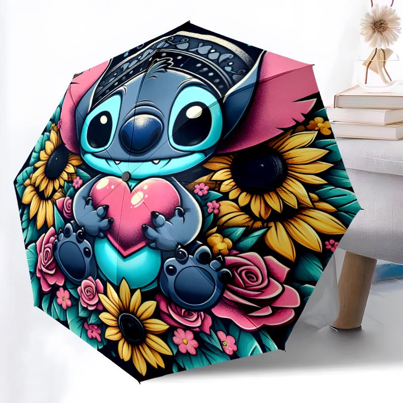 1pc Sturdy 8-Bone Auto Umbrella, Stitch Rainbow Pastel Floral Burst Umbrella, Digital Printed, Foldable Umbrella for On-the-Go Outdoor Use