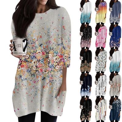 Women's  Casual 3/4 Sleeve Shirts Fashion Print Tunic Tops With Pockets