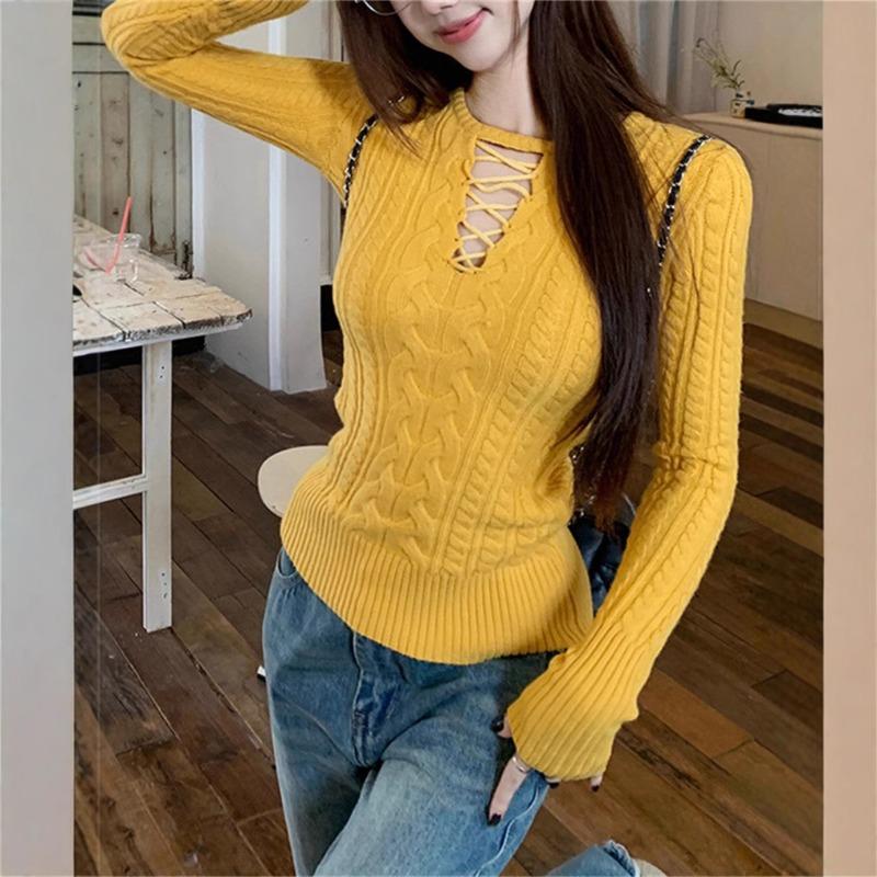 

Осень Зима Свободный Повседневный Однотонный Ажурный Свитер Женский Круглый Вырез Базовый Вязаный Пуловер Топ onesize жёлтый