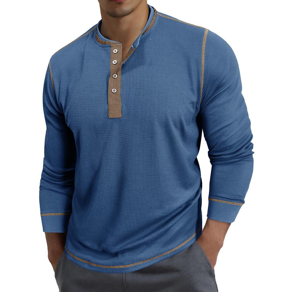 Men's Round Neck Contrast Color Long Sleeve POLO Shirt T-shirt Undershirt Retro British Style Bottoming Tees