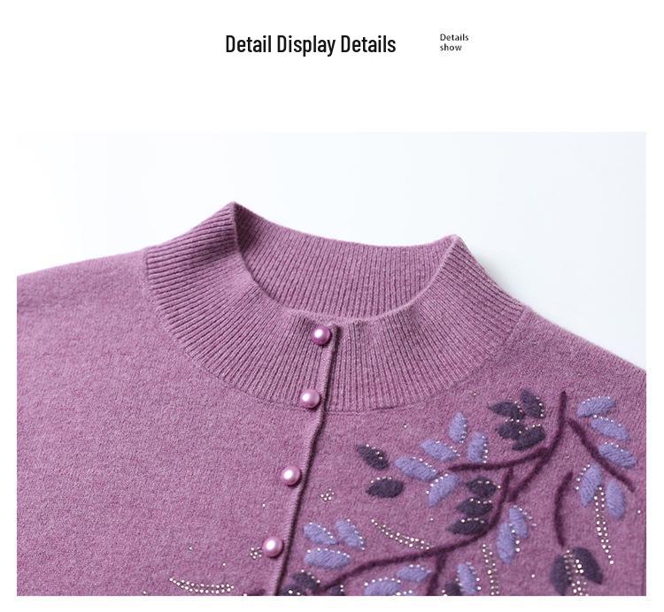 Women's Plus Size Pure Wool Embroidered Sweater - Autumn/Winter Base Layer with Half-high Collar, Perfect for Middle-aged and Elderly Moms.