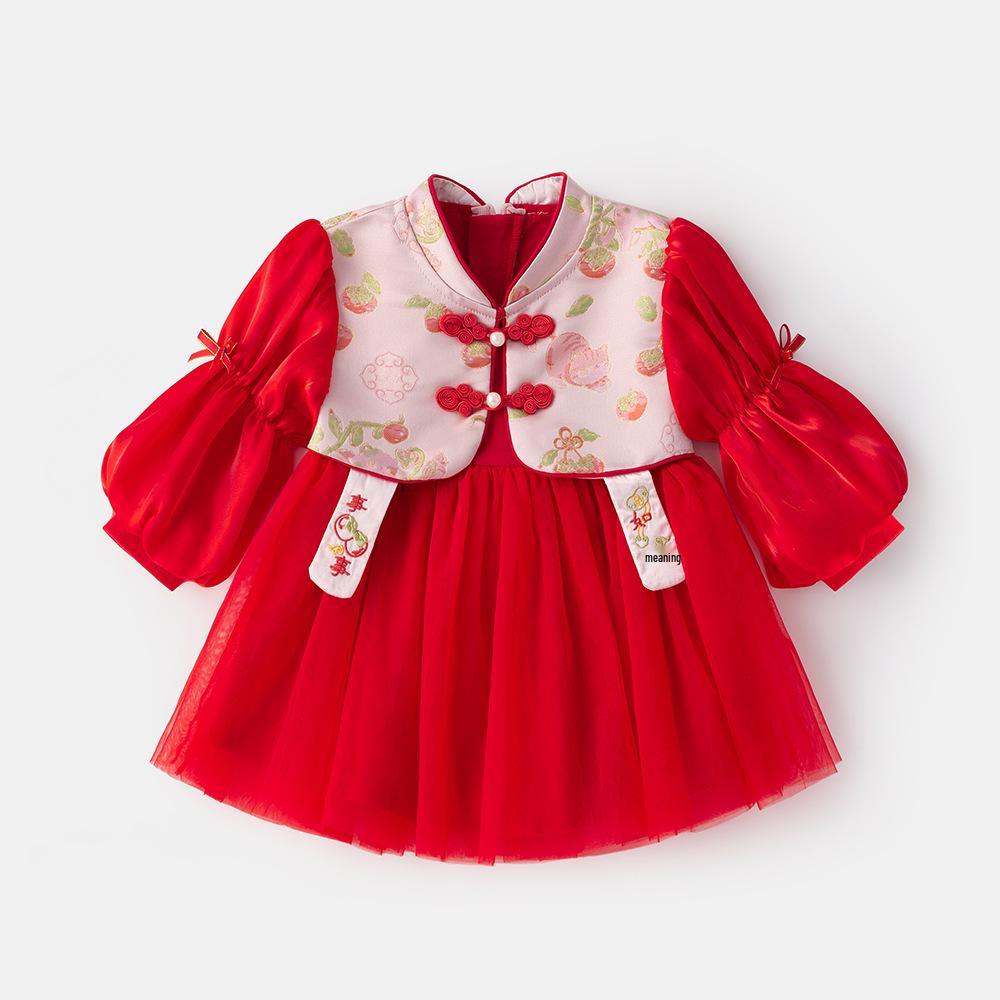 

Праздничное китайское платье тан для маленьких девочек - Весна/Осень, для празднования 100 дней и 1 года, в стиле ханфу, Модель 5061 Tag 80 ярко-красный