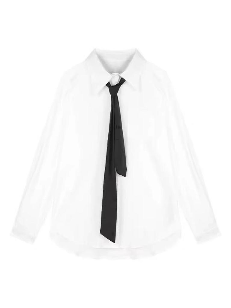 Women's White Tie Shirt - College Style, Non-Iron, Loose Fit, Medium-Length, Versatile Spring/Autumn Top