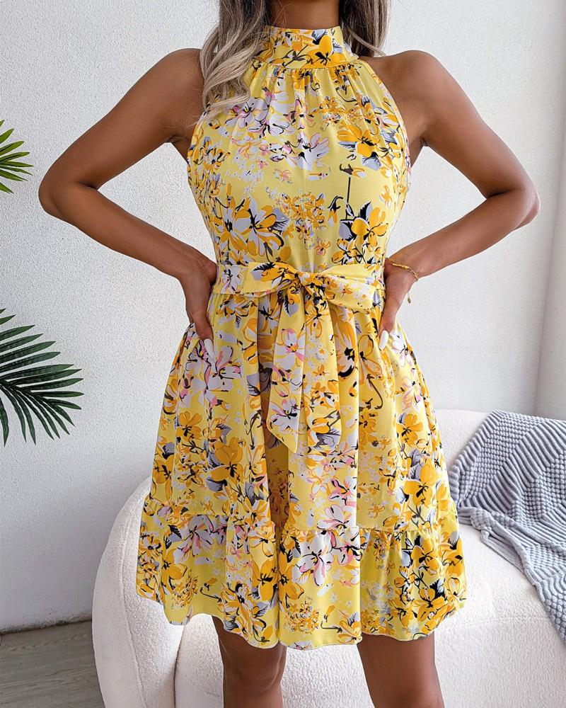 Summer Sleeveless Floral Neck Waist Dress Women