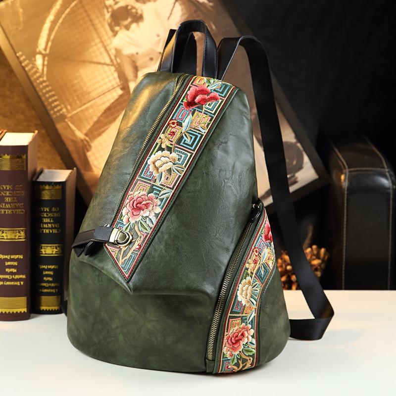 Retro Echtes Leder Damen Rucksack Besticktes Design Damen Tasche Reise Rucksäcke Mutter Diebstahlsicherer Rucksack Modetrend