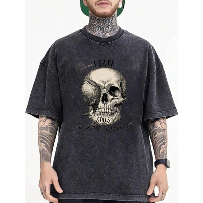

Men S Vintage Washed Oversized T-Shirt - Nautical Skull & Whale Eye Graphic Tee - Crew Neck Streetwear Top - Soft Breathable for Everyday Casual S чёрный
