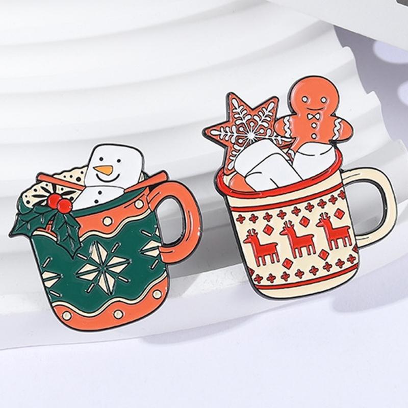 Winter Holiday Snowman Cup Brooch Elk Gingersnap Alloy Enamel Pin Decorative Accessory For Clothes Bags Jewelry