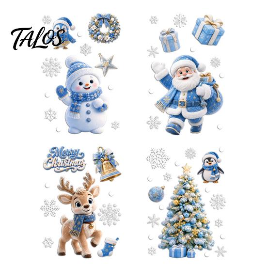 Double Sided Window Decorations 4Pcs Christmas Static Clings, Blue Santa Snowman Reindeer Penguin Party Ornaments Stickers, Reusable Xmas Holiday