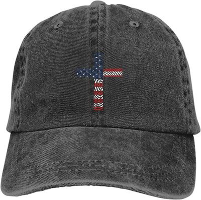 Patriotic Christian Cross American Flag Washed Denim Baseball Cap Adjustable Vintage Dad Hat