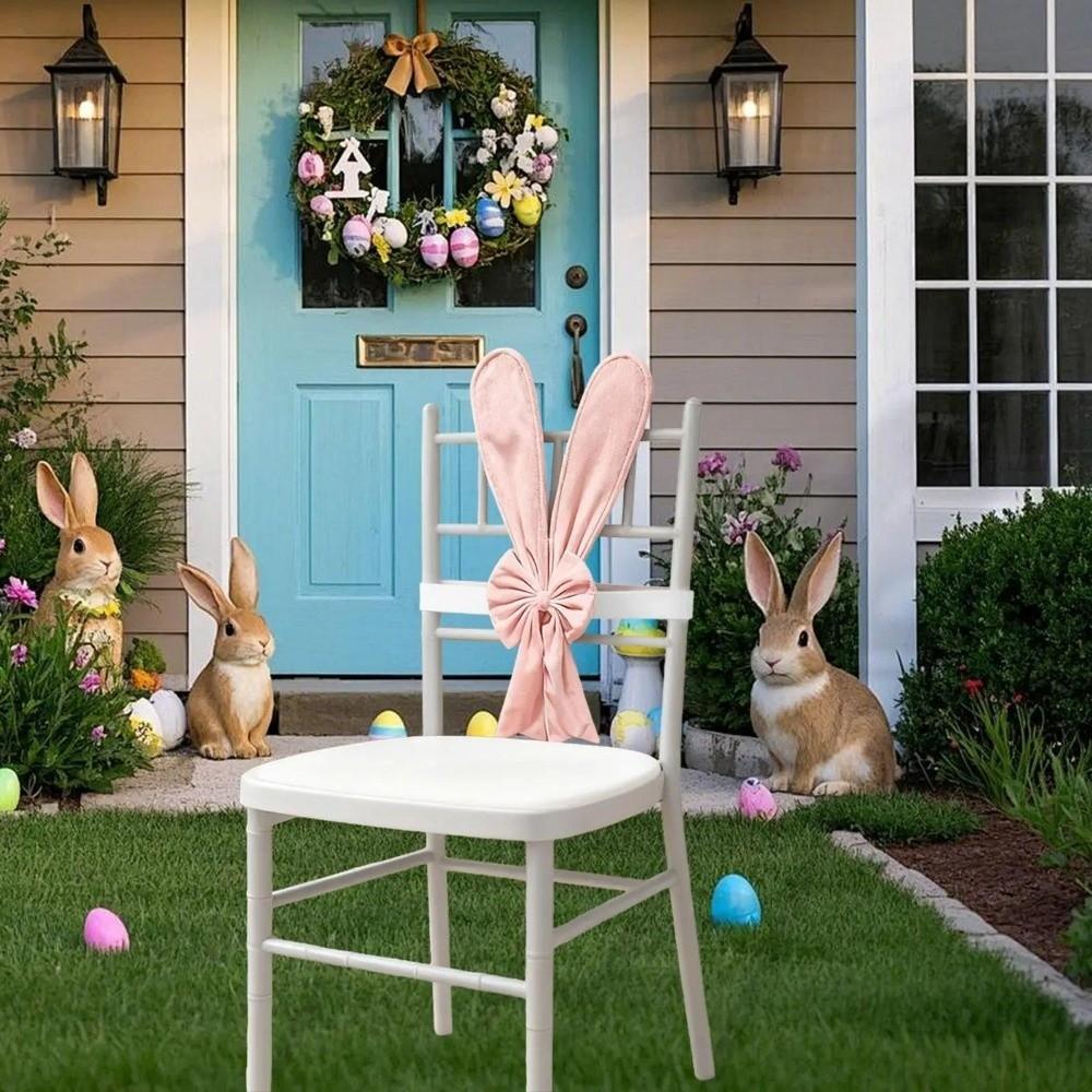 Removable Bunny Ear Slipcover Elastic Straps Chair Ribbons Easter Bow Ornaments Restaurant Decor