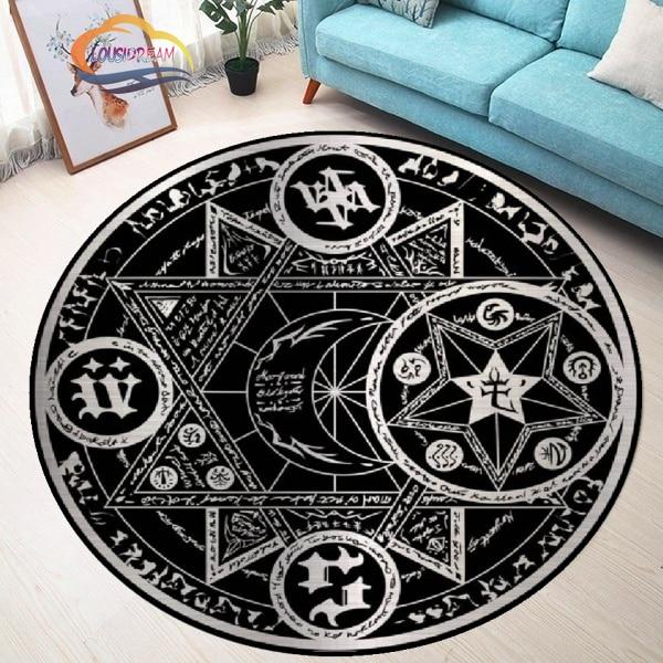 Tapis rond à motifs pentagramme soleil, tapis piège du diable satan, pentagramme blanc sur tapis noir, tapis surnaturel, tapis runique