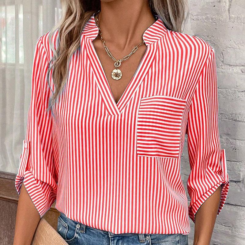 Fashion Spring Summer Half Sleeve V Neck Women Striped Single Pocket Pullovers Shirt Blouse Top