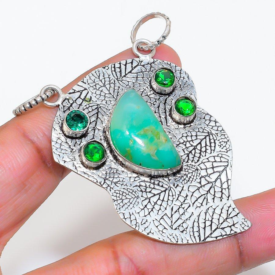 Natürlicher Chrysopras, Diopsid 925 Sterling Silber Schmuck Anhänger 2,44" ZS-806
