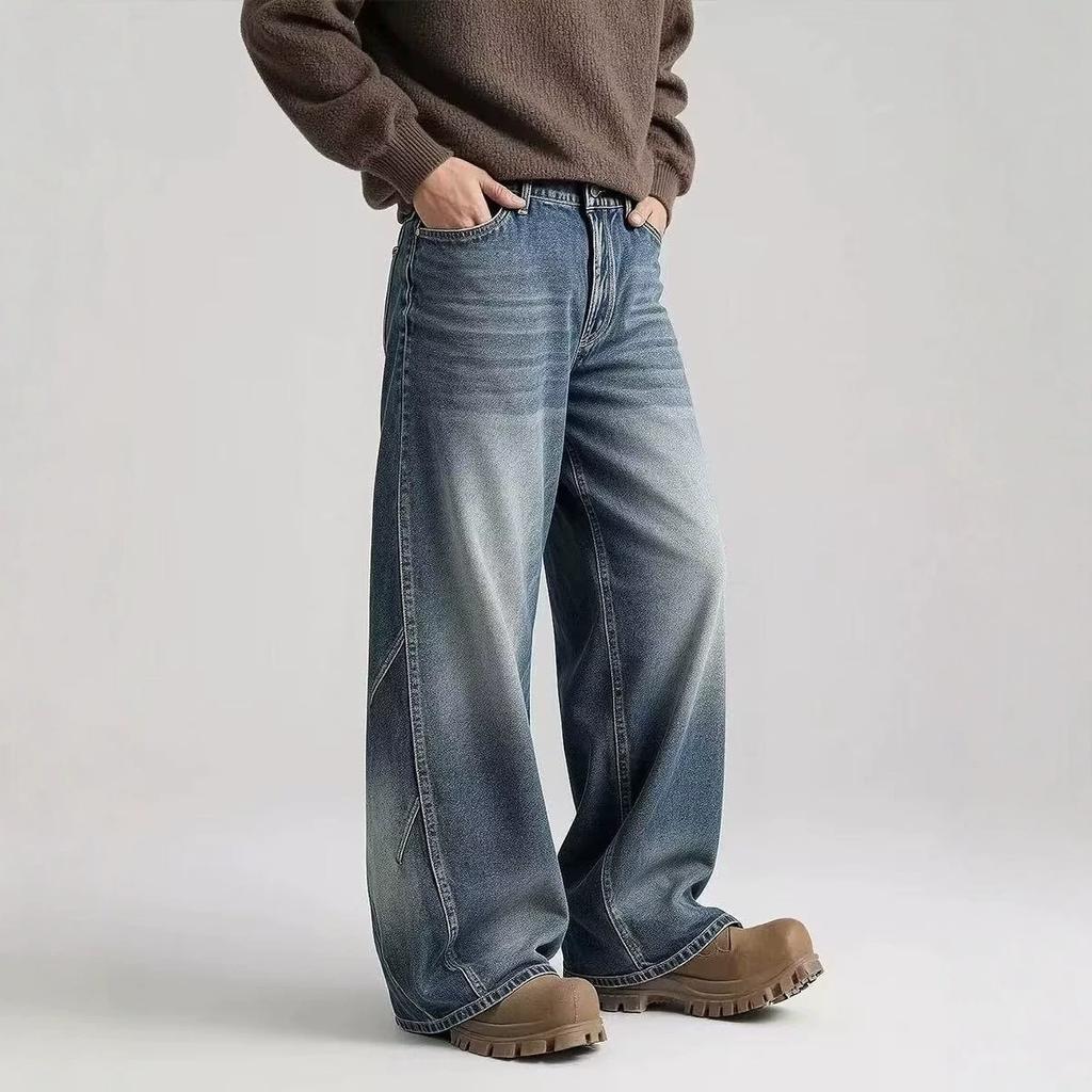 Washed Old American Retro Wide-leg Scimitar Jeans Men's Spring Trendy High Street Loose Straight Jeans Men