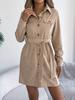 Women Lapel Collar Corduroy Belted Shirt Dress Long Sleeve Button Down Mini Dress With Pockets