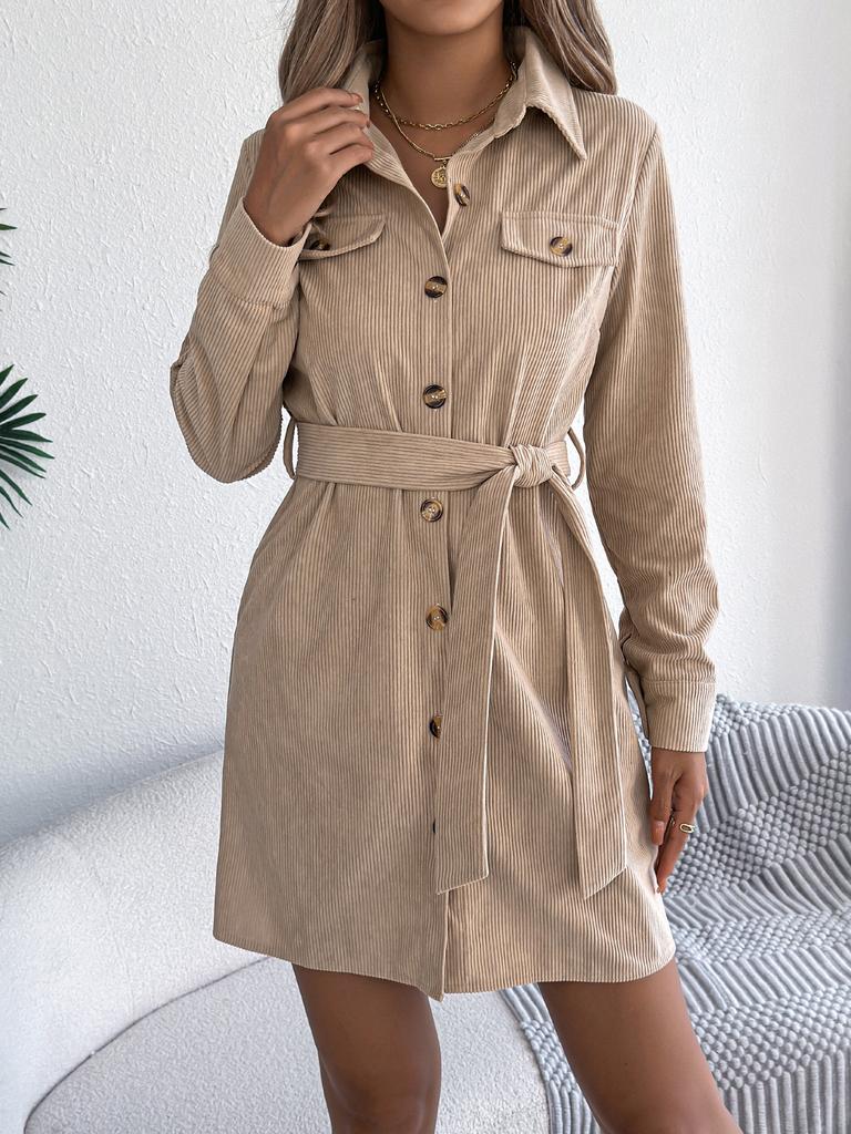 Women Lapel Collar Corduroy Belted Shirt Dress Long Sleeve Button Down Mini Dress With Pockets