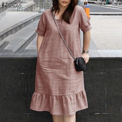 Women Casual Square Collar Short Sleeve Grid Print Dress