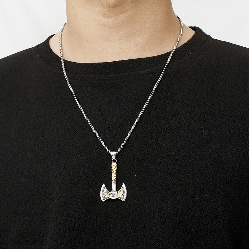 Hip Hop Stainless Steel Jewelry, Classic Norse Mythology Viking Crow Double Head Axe Titanium Steel Men'S Pendant