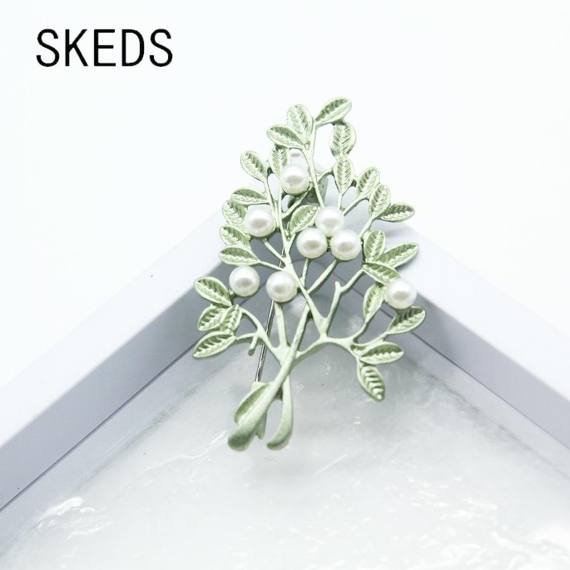 Vintage Simple Green Plant Tree Brooches Pearl Brooches Pin Female Coat Clothing Silk Scarf Accessories Holiday Gift