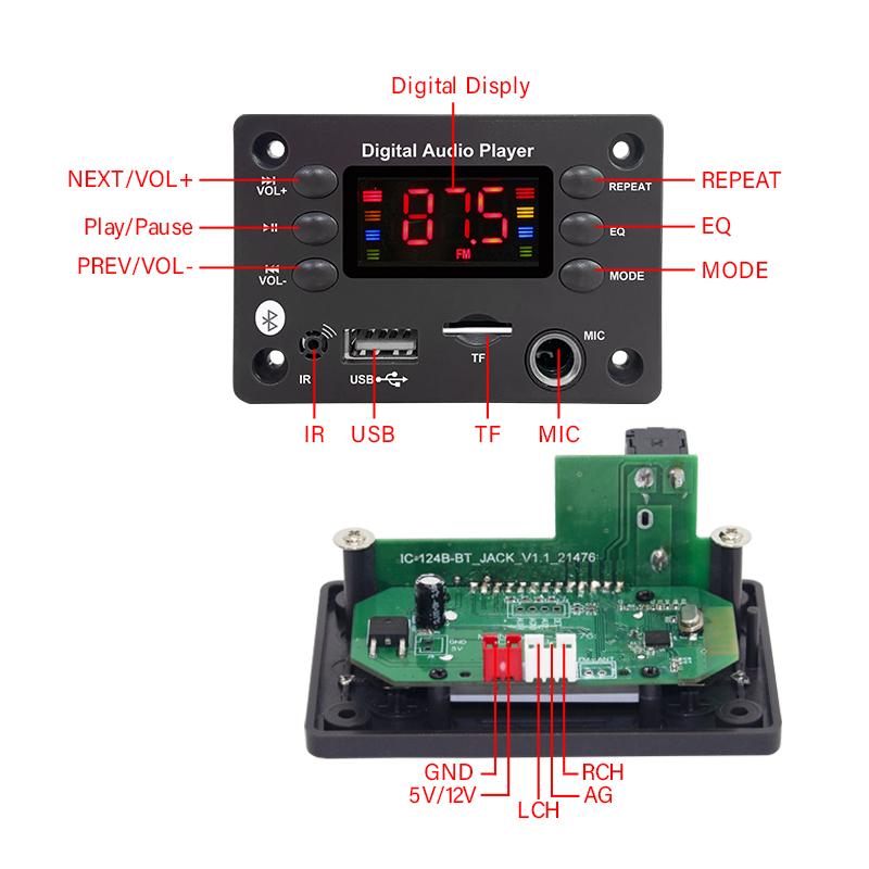 DC 5V 12V Audio Player Bluetooth 5.0 MP3 Decoder Board Hands-free Car Microphone USB TF FM Radio MP3 Music Player Speaker 4