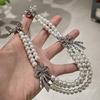 Imitation Pearls Necklace with Multiple Strands Rhinestones Bowknot Clavicle Chain Handmade Adjustable Length Neckchain
