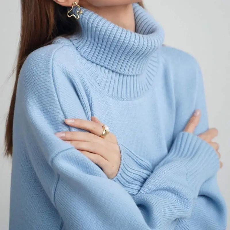 Solid Color Turtleneck Sweater Autumn and Winter Loose Knitted Sweater Versatile Classic Sweater Women