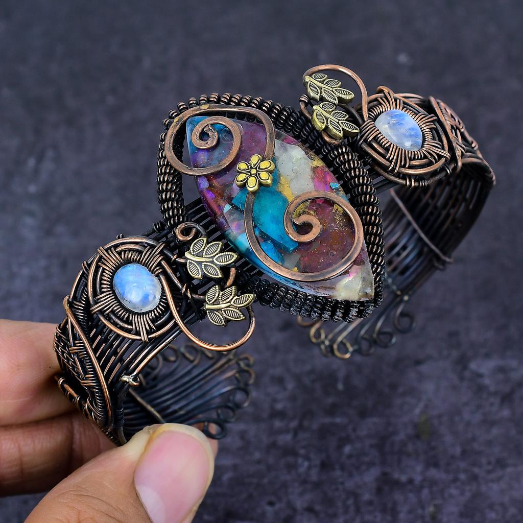 Spiny Oyster Gemstone Copper Wire Wrap Cuff Bangle Adjustable