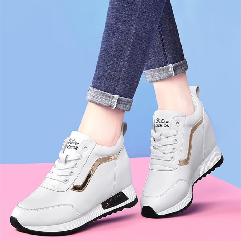 Inner Height Increase Leather Surface Women's Shoes Spring Sports Shoes Soft Leather Long Wear Not Tired Travel Shoes