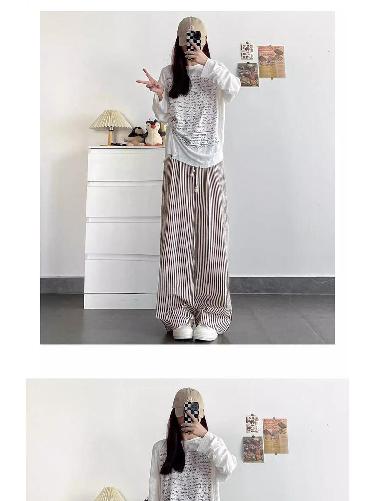 145cm Women's Black & White Striped Wide-Leg Summer Pants - Petite Casual Loose Fit