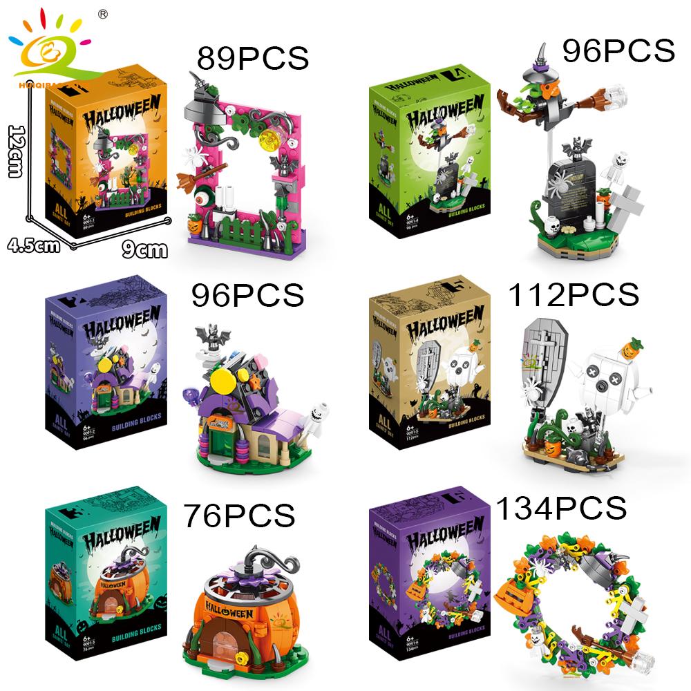 Non-Toxic 6In1 Halloween House Train Model Building Blocks City Pumpkin Ghost Car Moc Bricks Set Toys For Children Kids Gift