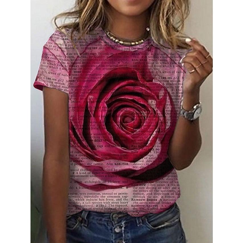 Summer Round Neck 3D Rose and Text Print Top Fashionable Casual Short Sleeved Women's T-shirts