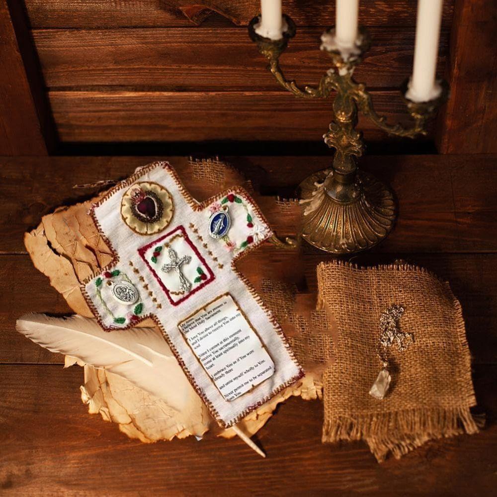 Cross Included Inside Pocket Shrine with Silver Handmade Sewing Accessories Mini Travel Shrine Pouch Stitched Pocket Shrine
